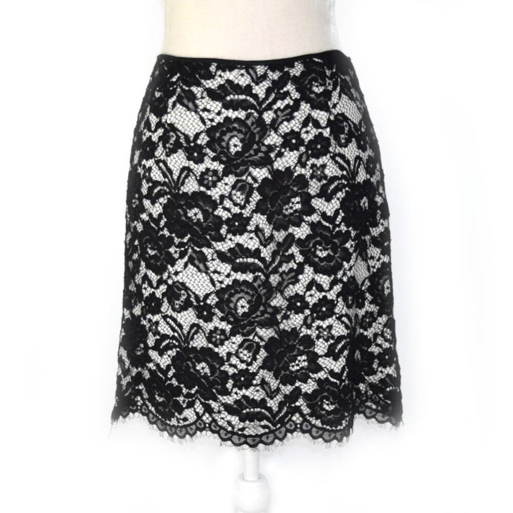 Theory Nicholina Black Lace Silk Pencil Skirt Scalloped Hem Sz 6 Minimalist Luxe